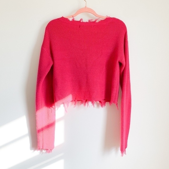 Lovers + Friends Prospect Fray Hem Barbie Pink Fuchsia V neck Cropped Sweater - Picture 10 of 10